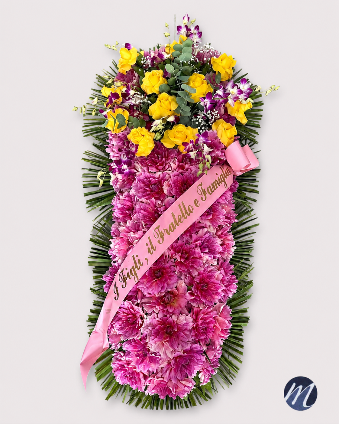Copribara di rose gialle, dalie rosa e orchidee giapponesi viola
