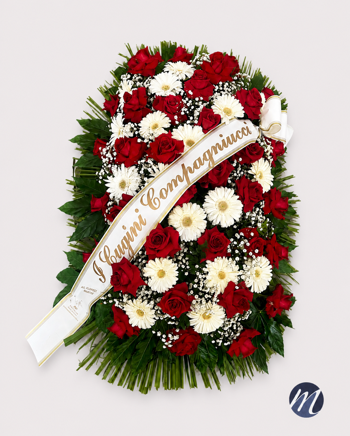 Cuscino di rose rosse e gerbere bianche